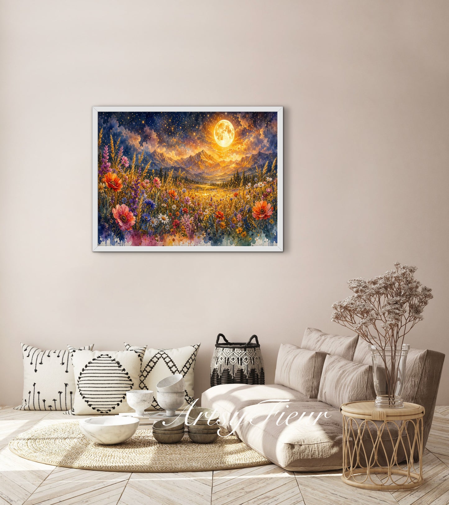 Framed canvas- vibrant full moon starry night sky colourful wildflowers floral wall art living room