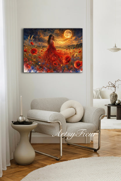 Framed Canvas - Vibrant poppies and wildflowers Whimsical Full Moon starry night sky Bride in Poppy Field, Wall Art Ready to hang original Artwork Print Red Dress