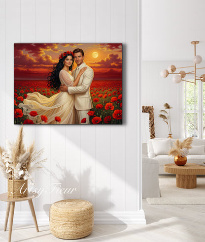 Framed canvas- whimsical full moon sunset bride and groom, wedding, poppy field, vibrant colours living room original artwork, fantasy oil painting wall art print