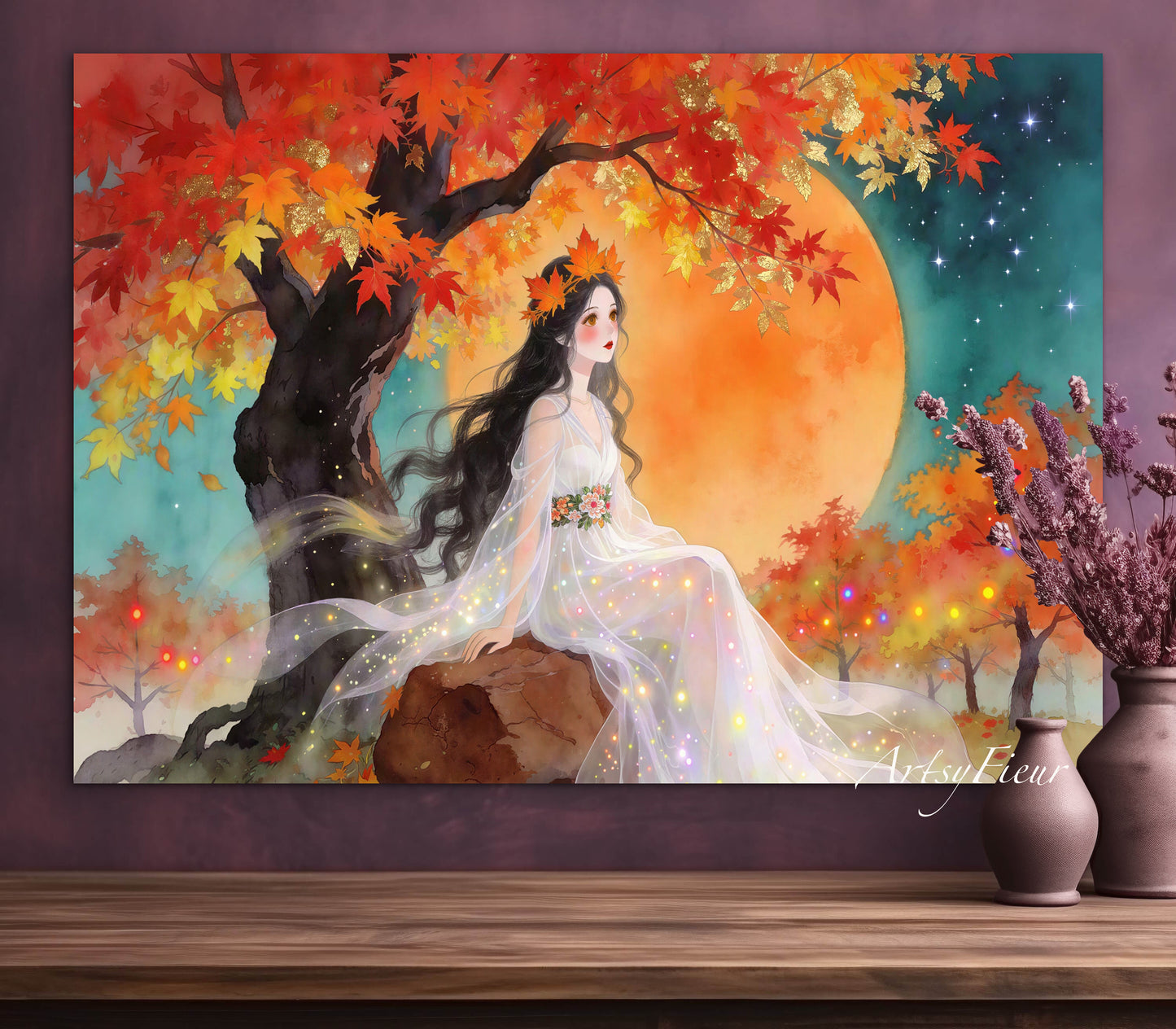 Framed Canvas- Vibrant Colours Beautiful Brunette Asian Woman Under the Maple Tree Abstract Portrait Original Artwork Fantasy Autumn Wall Art Print
