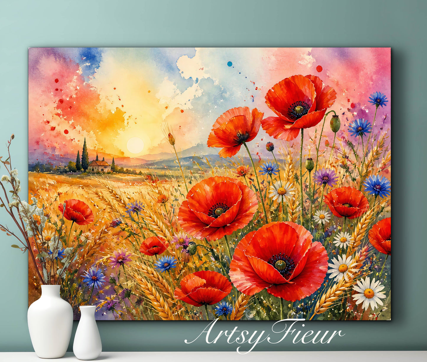 Framed Canvas Print- Vibrant Wildflowers and Poppies Oil Painting Textured Wall Art , Beautiful Original Artwork Ready to Hang Living Room, Floral