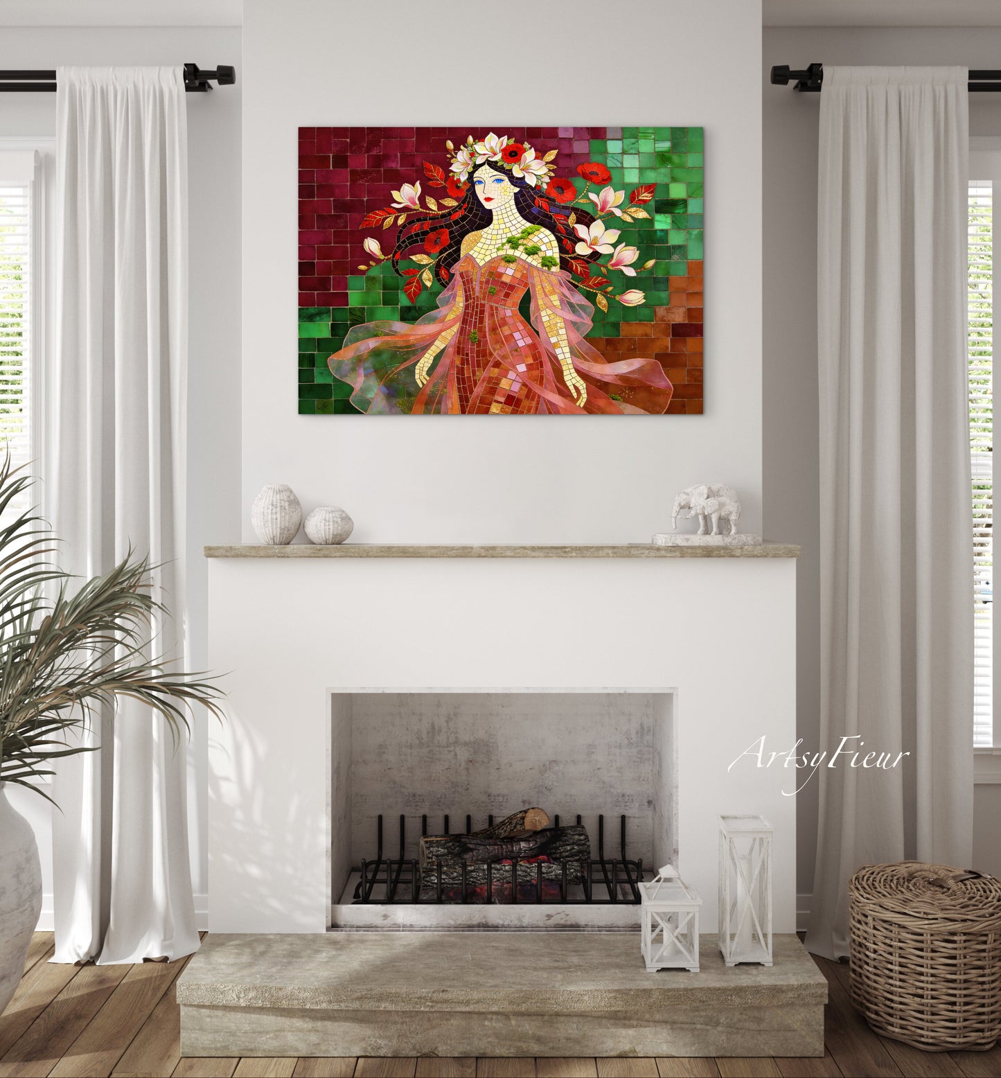 Framed Canvas- Vibrant Magnolia Flowers Beautiful Brunette Woman’s Abstract Portrait Mosaic Original Artwork Fantasy Wall Art Print Mother Nature