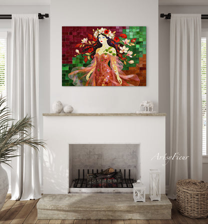 Framed Canvas- Vibrant Magnolia Flowers Beautiful Brunette Woman’s Abstract Portrait Mosaic Original Artwork Fantasy Wall Art Print Mother Nature