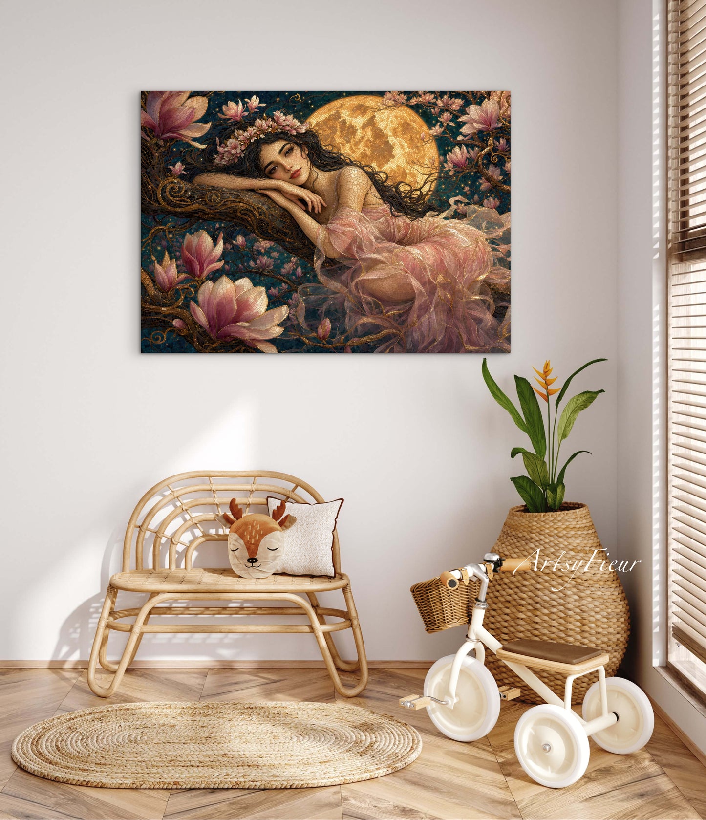 Framed Canvas- Vibrant Magnolia Flowers Beautiful Tinkerbell Woman’s Abstract Portrait Mosaic Original Artwork Fantasy Wall Art Print