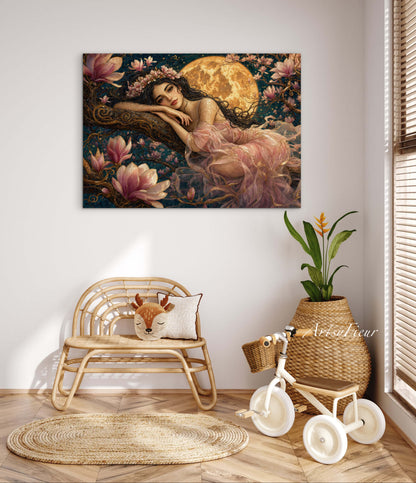Framed Canvas- Vibrant Magnolia Flowers Beautiful Tinkerbell Woman’s Abstract Portrait Mosaic Original Artwork Fantasy Wall Art Print