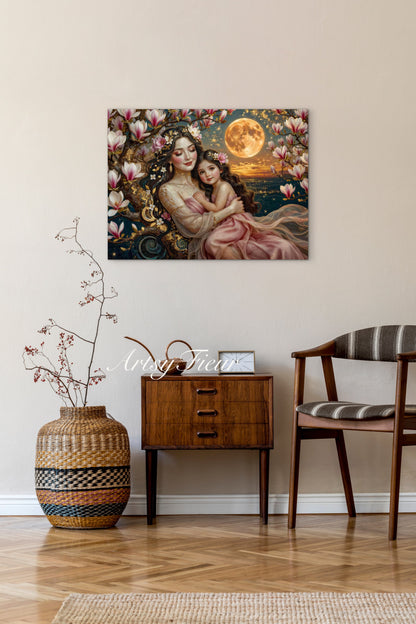 Framed Canvas- Vibrant Magnolia Flowers Mother and Daughter Portrait Original ArtworkFantasy Wall Art