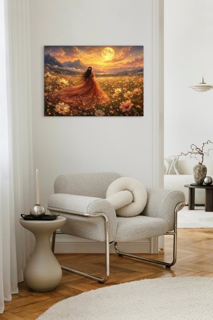 Framed Canvas- Abstract Portrait Beautiful Bride Wildflowers Field Whimsical Full Moon Fantasy Painting Art Print