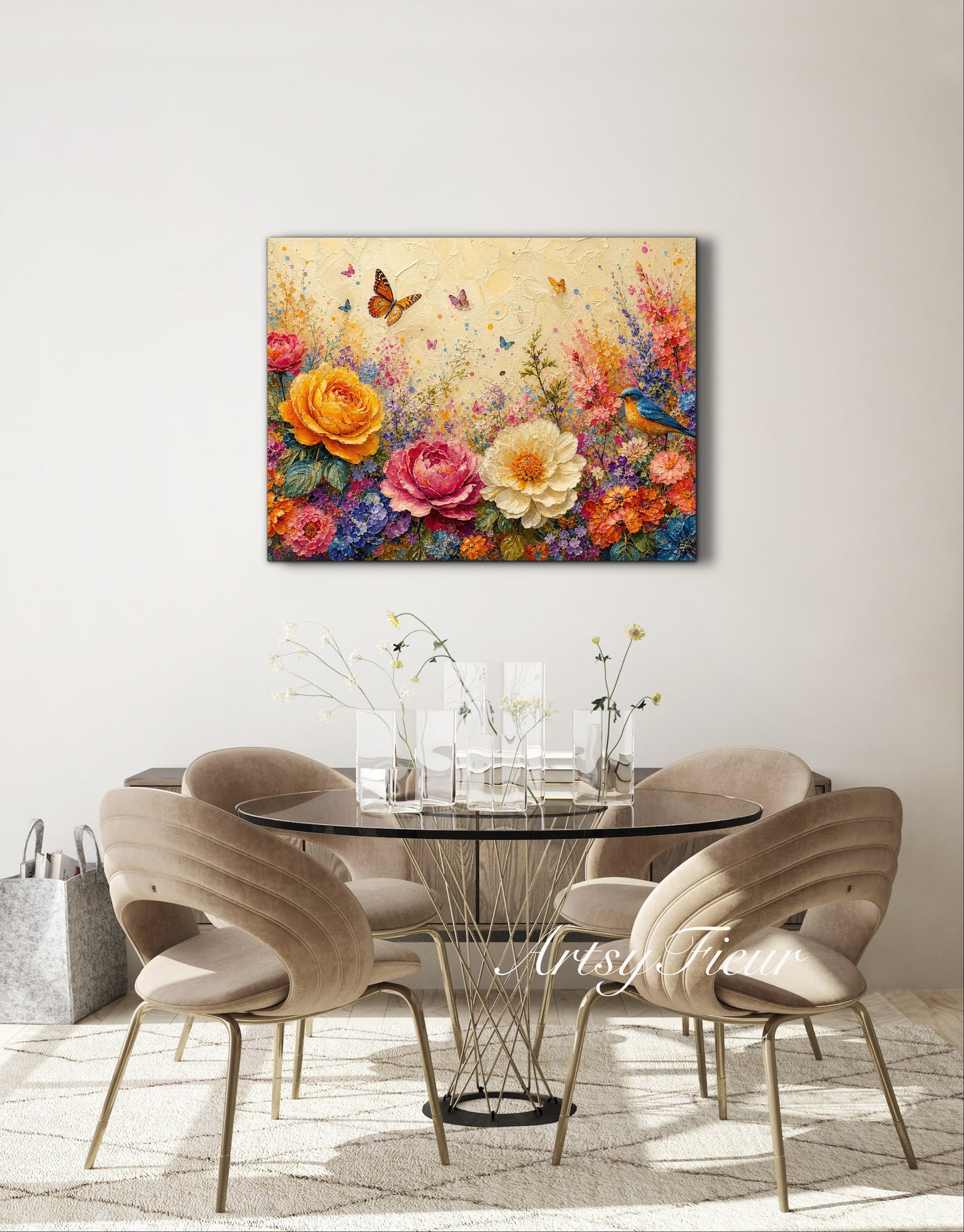 Framed Canvas Print- Vibrant Wildflowers and Petunias Oil Painting Textured Wall Art , Beautiful Original Artwork Ready to Hang Living Room, Floral