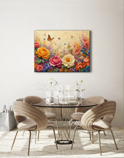 Framed Canvas Print- Vibrant Wildflowers and Petunias Oil Painting Textured Wall Art , Beautiful Original Artwork Ready to Hang Living Room, Floral