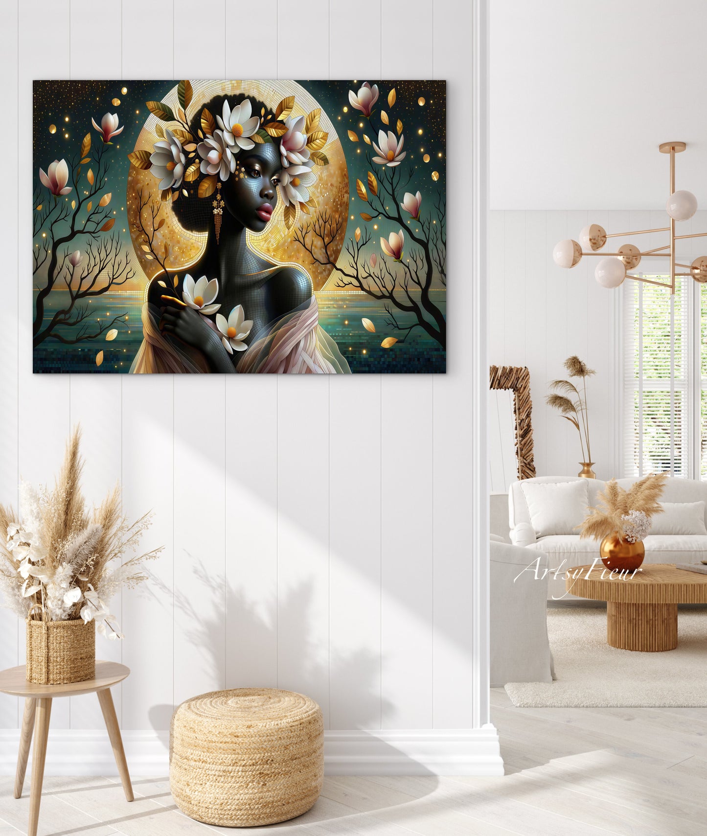 Framed Canvas- Vibrant Magnolia Flowers Beautiful Black Woman’s Abstract Portrait Mosaic Original Artwork Fantasy Wall Art Print