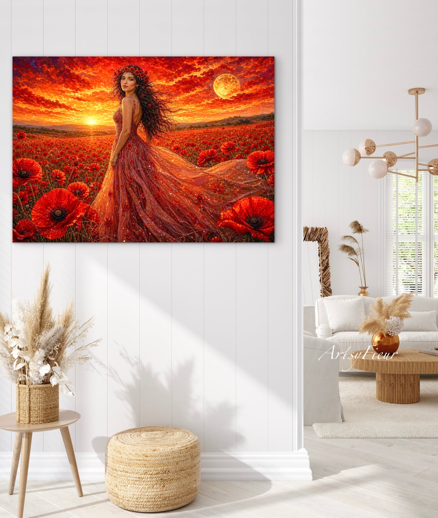 Framed Canvas - Vibrant Poppies Whimsical Full Moon Bride in Poppy Field, Wall Art Ready to hang Oil Painting Original Artwork Print