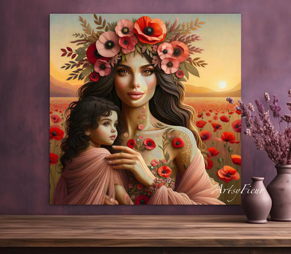Framed Canvas- Vibrant Poppies Mother and Daughter Portrait Whimsical Full Moon Sunset Fantasy Oil Painting Wall Art Print