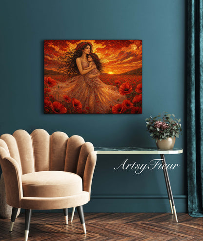 Framed Canvas- Vibrant Poppies Field Mother and Daughter Portrait Whimsical Full Moon Sunset Fantasy Oil Painting Wall Art Print