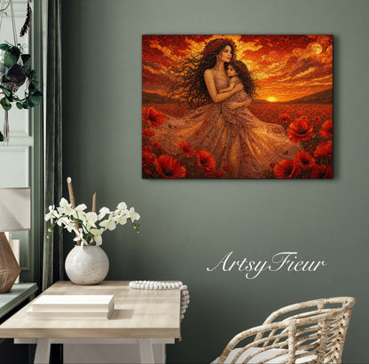 Framed Canvas- Vibrant Poppies Field Mother and Daughter Portrait Whimsical Full Moon Sunset Fantasy Oil Painting Wall Art Print