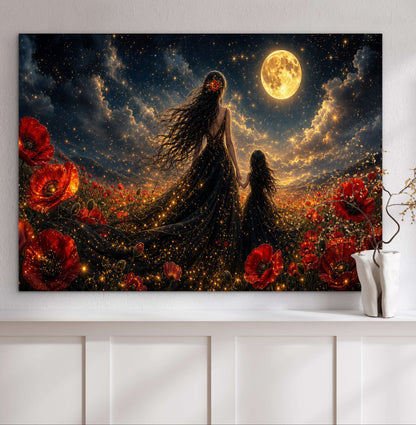 Framed Canvas- Vibrant Poppies Field Mother and Daughter Portrait Whimsical Full Moon Sunset Fantasy Oil Painting Wall Art Print