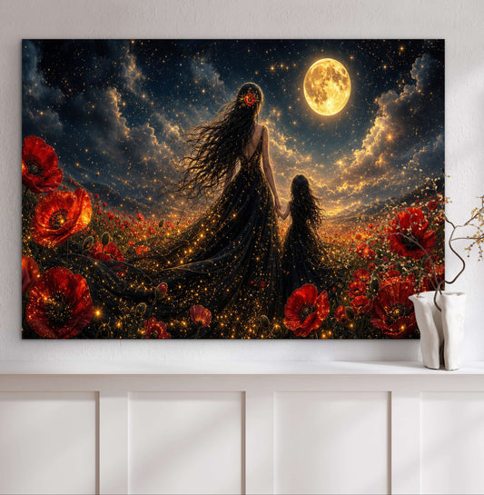 Framed Canvas- Vibrant Poppies Field Mother and Daughter Portrait Whimsical Full Moon Sunset Fantasy Oil Painting Wall Art Print