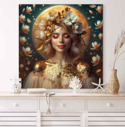Framed canvas- beautiful blonde woman vibrant magnolia flowers ready to hang wall art print, abstract portrait colourful