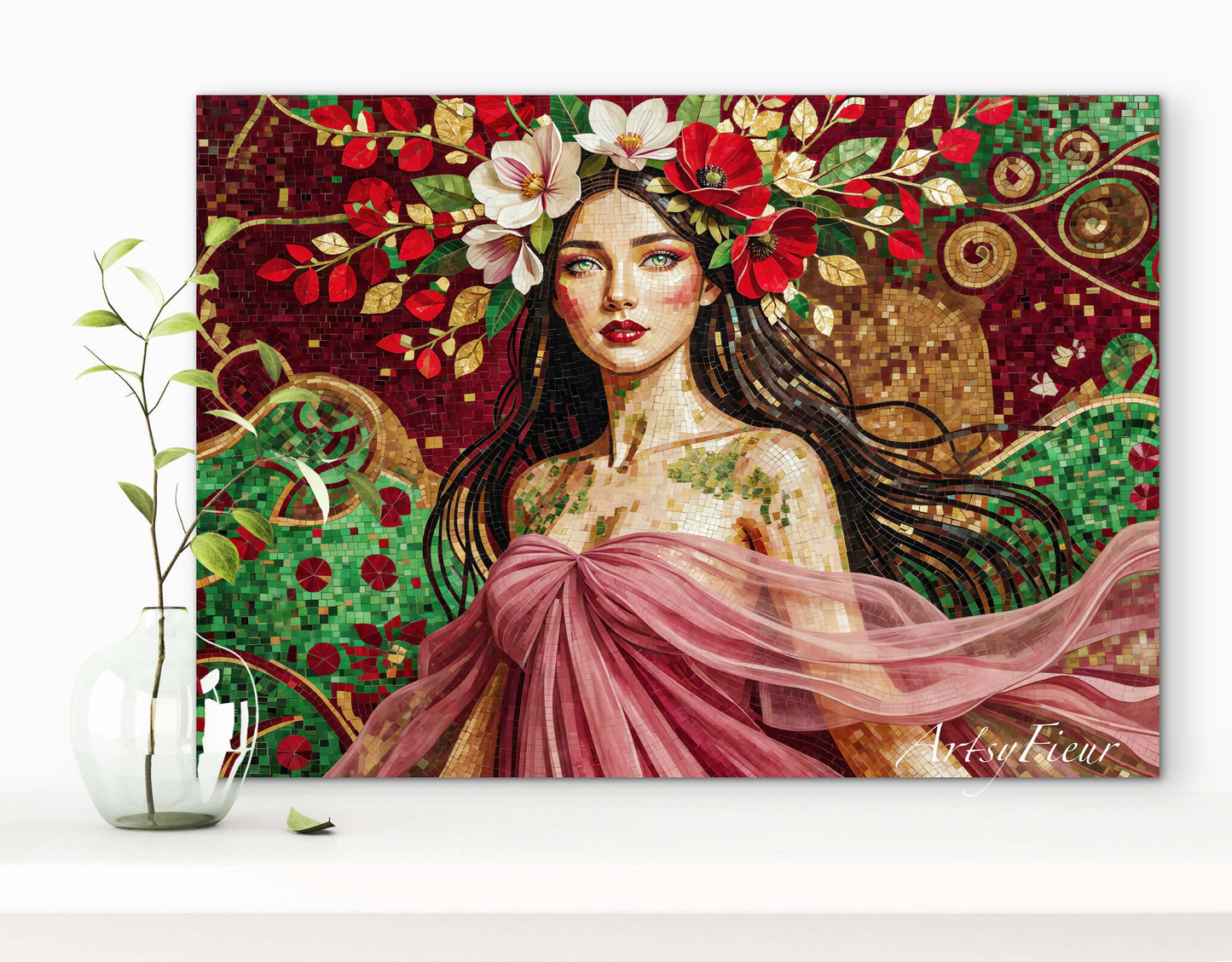 Framed Canvas- Vibrant Magnolia Flowers Beautiful Brunette Woman’s Abstract Portrait Mosaic Original Artwork Fantasy Wall Art Print Mother Nature