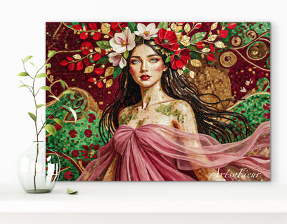 Framed Canvas- Vibrant Magnolia Flowers Beautiful Brunette Woman’s Abstract Portrait Mosaic Original Artwork Fantasy Wall Art Print Mother Nature