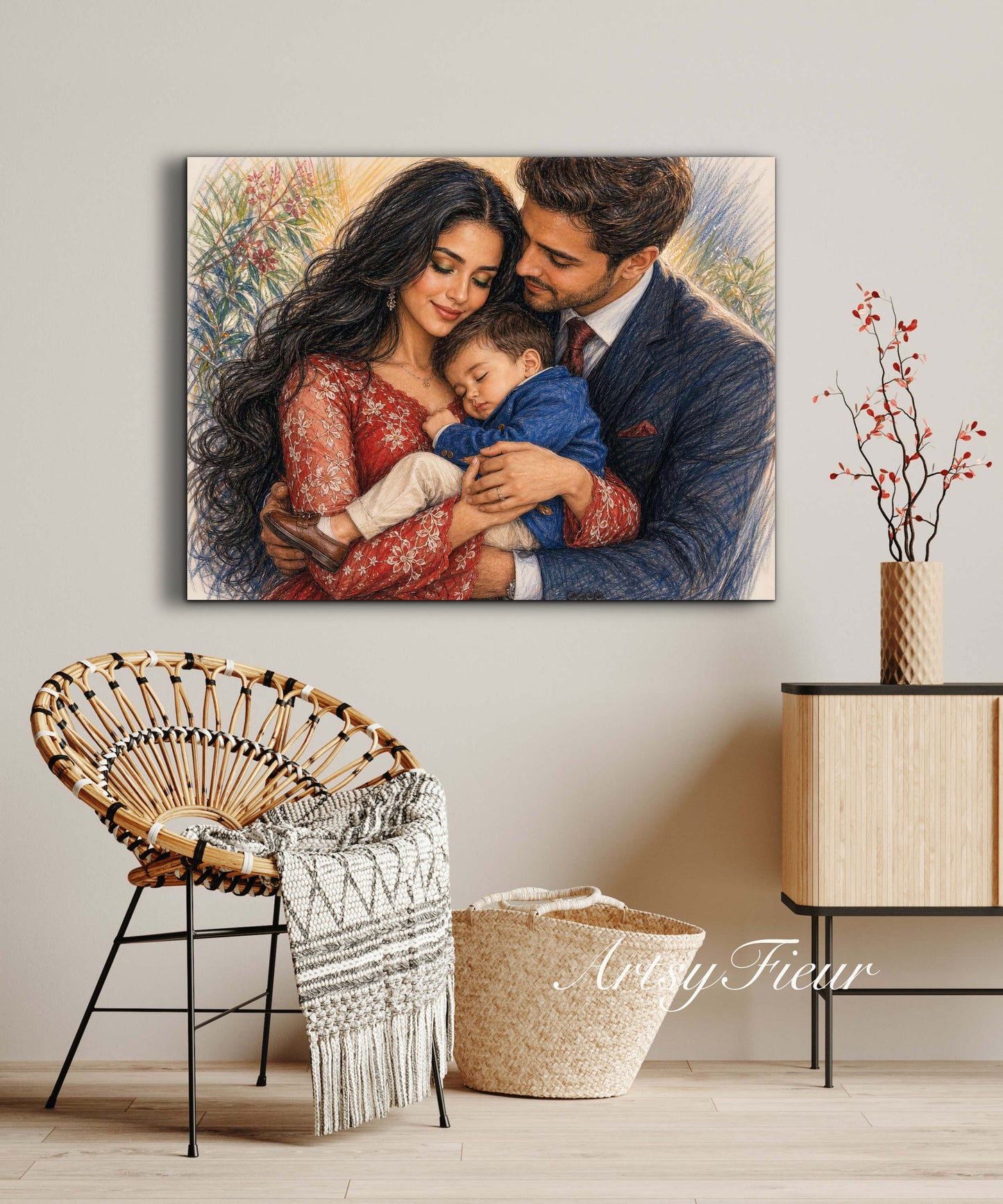 Framed Canvas- Vibrant Mother and Son Dad Family Portrait Fantasy Drawing Wall Art Print