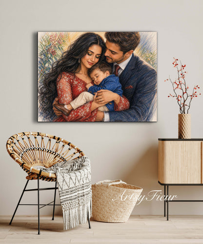 Framed Canvas- Vibrant Mother and Son Dad Family Portrait Fantasy Drawing Wall Art Print