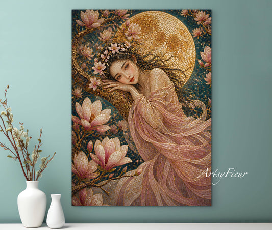 Framed canvas- Abstract Portrait Mosaic Fairy Beautiful Brunette Woman Vibrant Magnolia Flowers Fantasy Wall Art Print