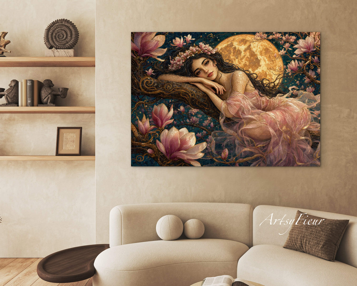 Framed Canvas- Vibrant Magnolia Flowers Beautiful Tinkerbell Woman’s Abstract Portrait Mosaic Original Artwork Fantasy Wall Art Print