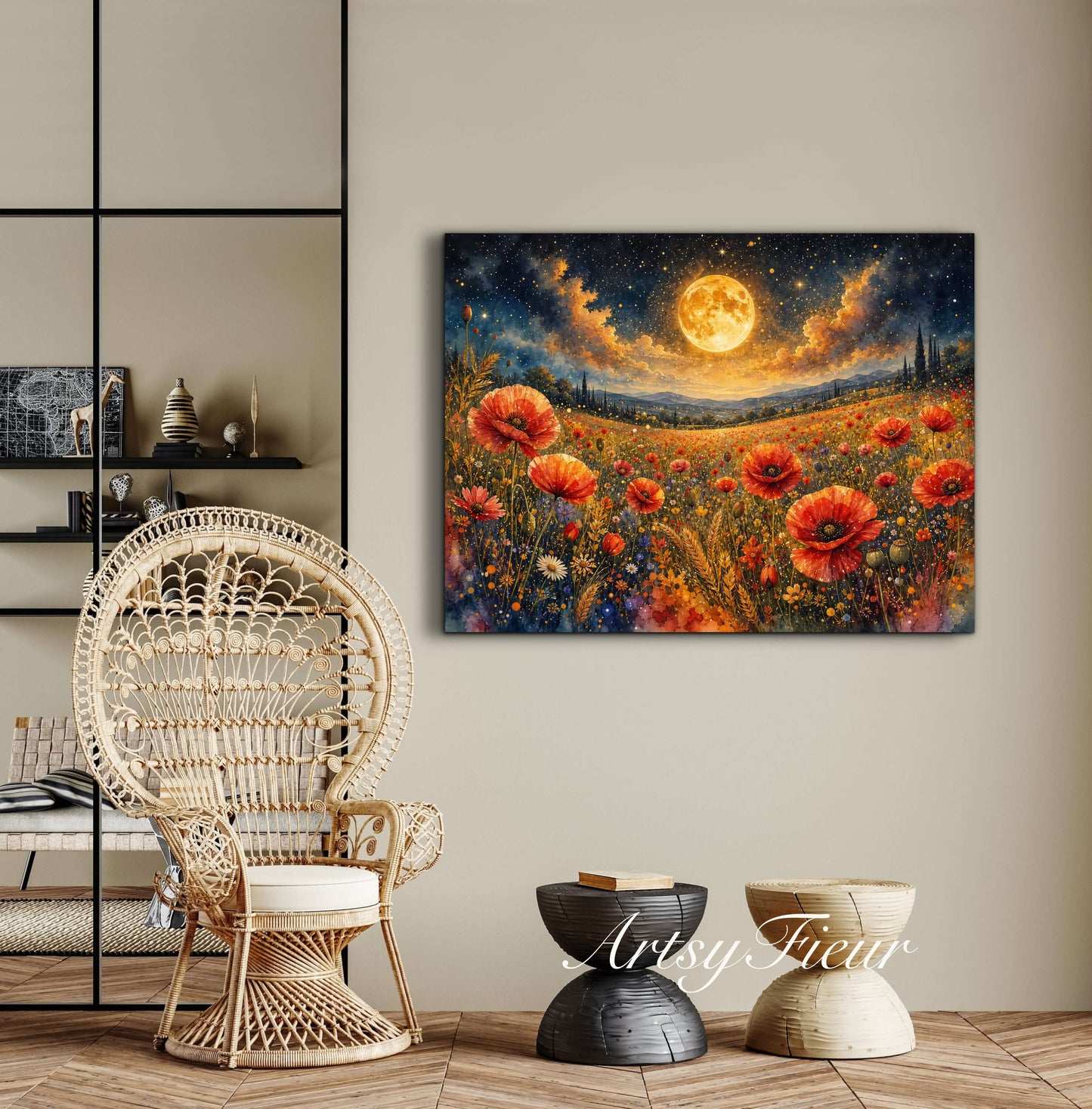 Framed Canvas Print- Vibrant Wildflowers and Poppies Oil Painting Textured Wall Art , Beautiful Original Artwork Ready to Hang Living Room, Floral
