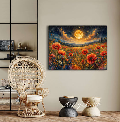 Framed Canvas Print- Vibrant Wildflowers and Poppies Oil Painting Textured Wall Art , Beautiful Original Artwork Ready to Hang Living Room, Floral