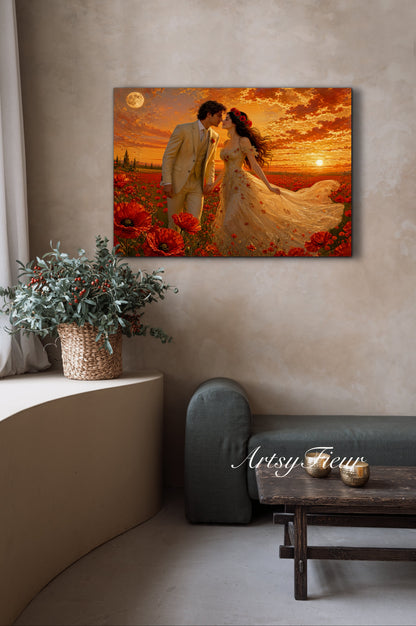 Framed canvas- whimsical full moon sunset bride and groom, wedding, poppy field, vibrant colours living room original artwork, fantasy oil painting wall art print