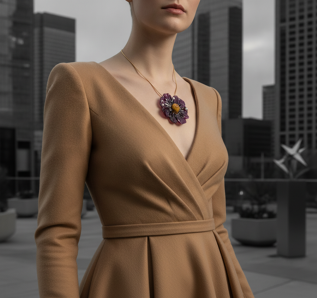 *REAL FLOWER Purple Dahlia Necklace | Preserved flower in resin | Floral pendant on chain | Hypoallergenic Gold Plated