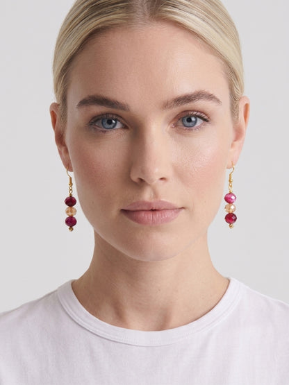 Natural Pink Tigers Eye Earrings Minimalist Crystal Gemstone Earrings Dangle Drop Hypoallergenic
