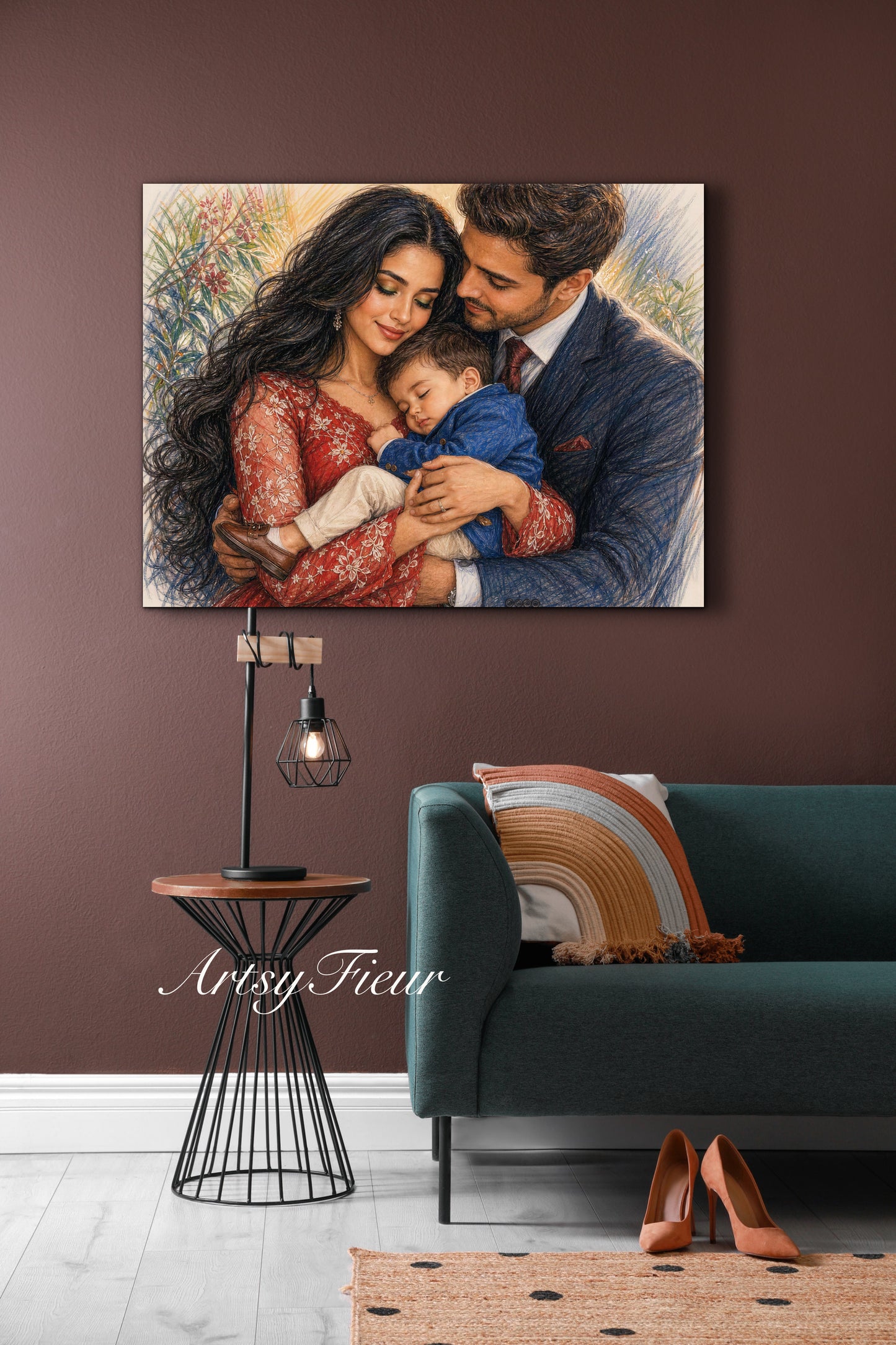 Framed Canvas- Vibrant Mother and Son Dad Family Portrait Fantasy Drawing Wall Art Print