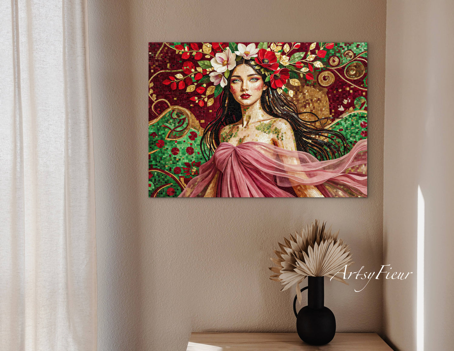 Framed Canvas- Vibrant Magnolia Flowers Beautiful Brunette Woman’s Abstract Portrait Mosaic Original Artwork Fantasy Wall Art Print Mother Nature