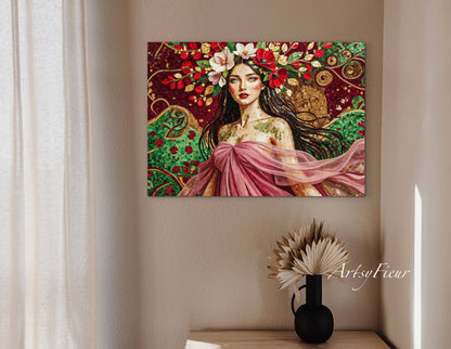Framed Canvas- Vibrant Magnolia Flowers Beautiful Brunette Woman’s Abstract Portrait Mosaic Original Artwork Fantasy Wall Art Print Mother Nature