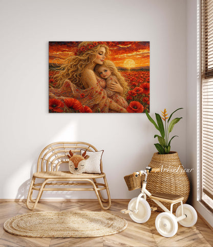 Framed Canvas- Vibrant Poppies Field Mother and Daughter Portrait Whimsical Full Moon Sunset Fantasy Oil Painting Wall Art Print
