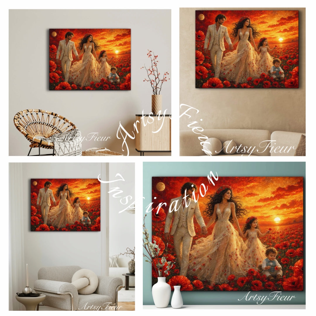 Framed Canvas- Vibrant Poppies Field Bride Groom Mother Daughter and Baby boy Portrait Whimsical Full Moon Sunset Fantasy Oil Painting Wall Art Print