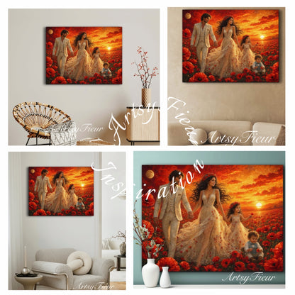 Framed Canvas- Vibrant Poppies Field Bride Groom Mother Daughter and Baby boy Portrait Whimsical Full Moon Sunset Fantasy Oil Painting Wall Art Print