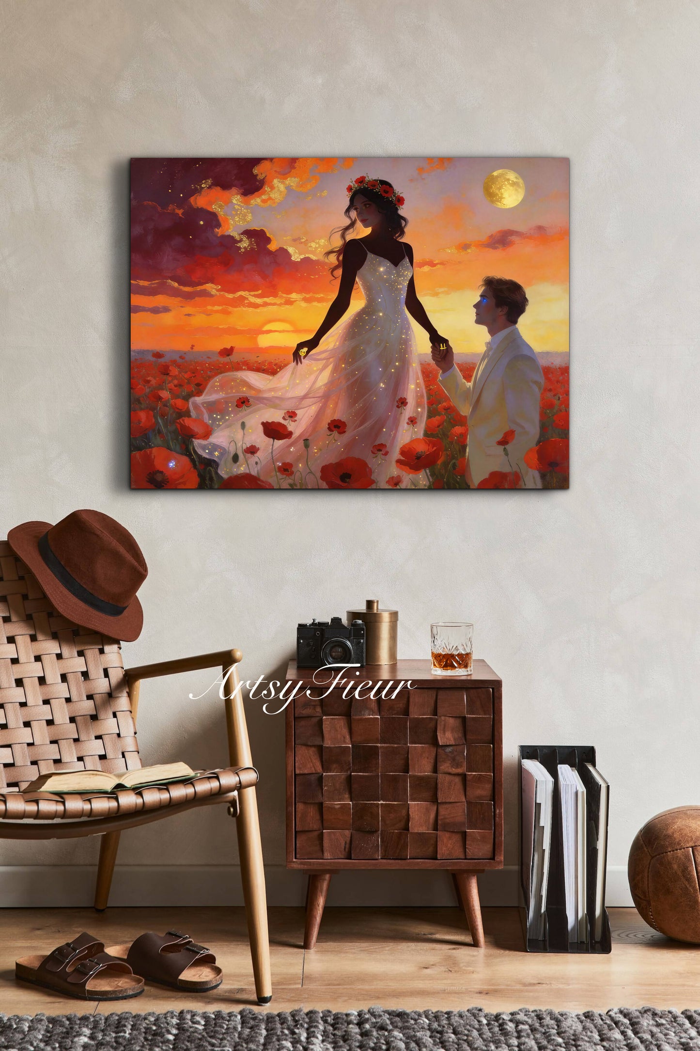 Framed canvas- whimsical full moon sunset bride and groom, wedding, poppy field, vibrant colours living room original artwork, fantasy watercolour paintingwall art print