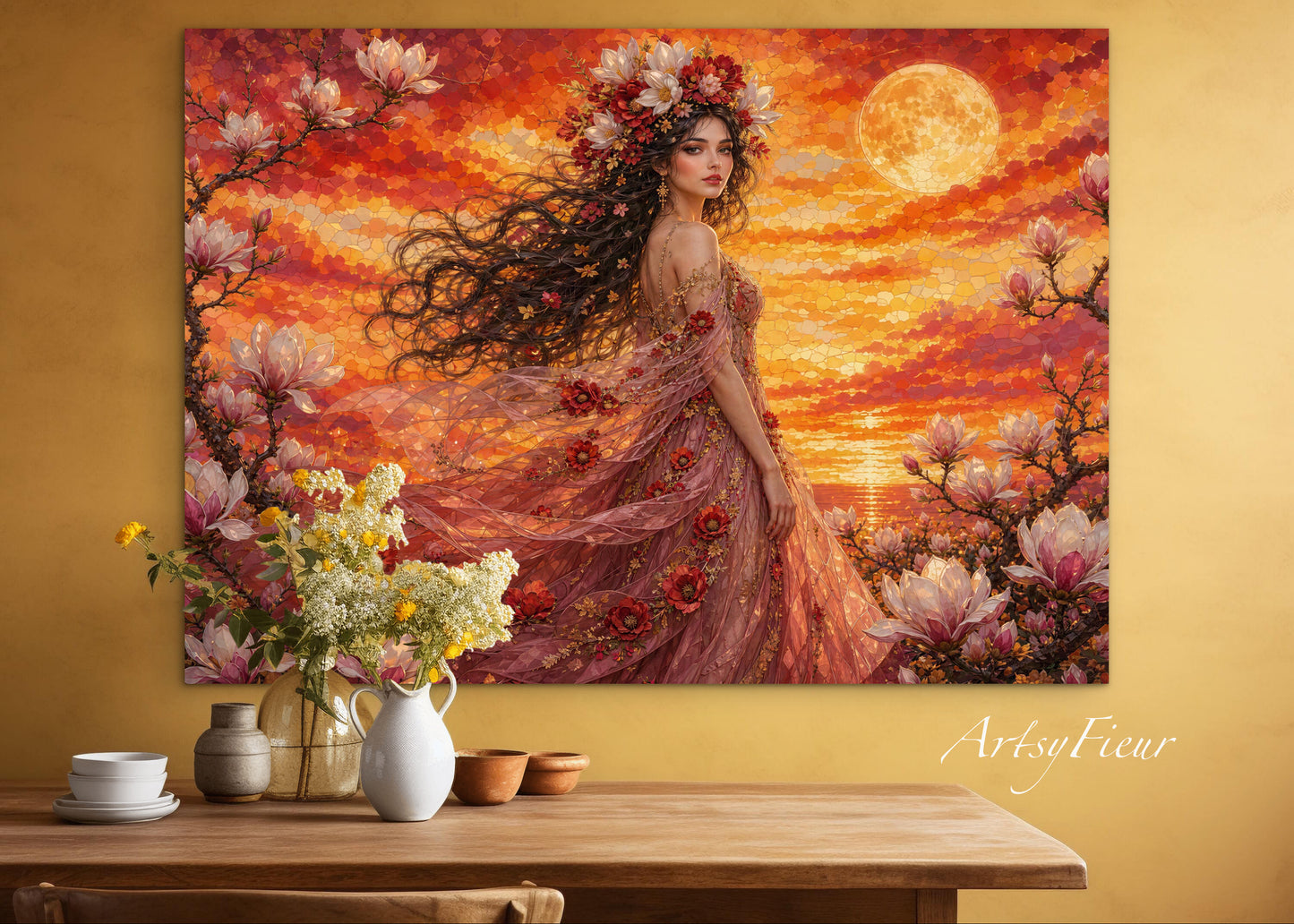 Framed Canvas- Vibrant Magnolia Flowers Beautiful Brunette Woman’s Abstract Portrait Mosaic Original Artwork Fantasy Wall Art Print