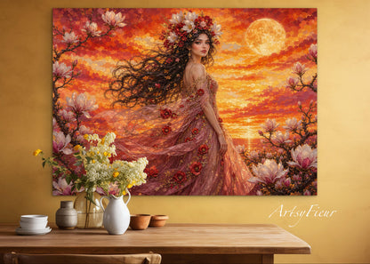 Framed Canvas- Vibrant Magnolia Flowers Beautiful Brunette Woman’s Abstract Portrait Mosaic Original Artwork Fantasy Wall Art Print