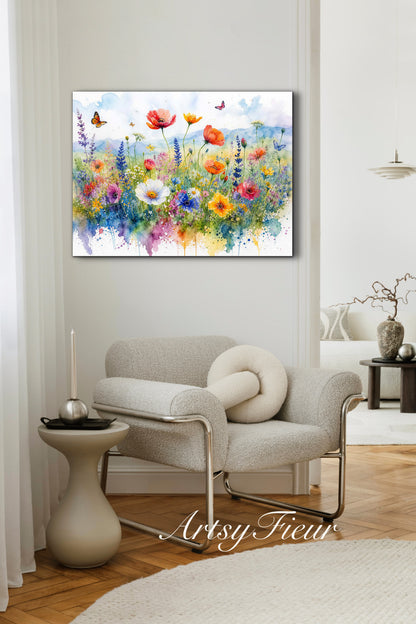 Framed canvas- ready to hang wall art print, beautiful vibrant colours watercolour fantasy painting wildflowers ,floral landscape, unique gift, one of a kind original artwork