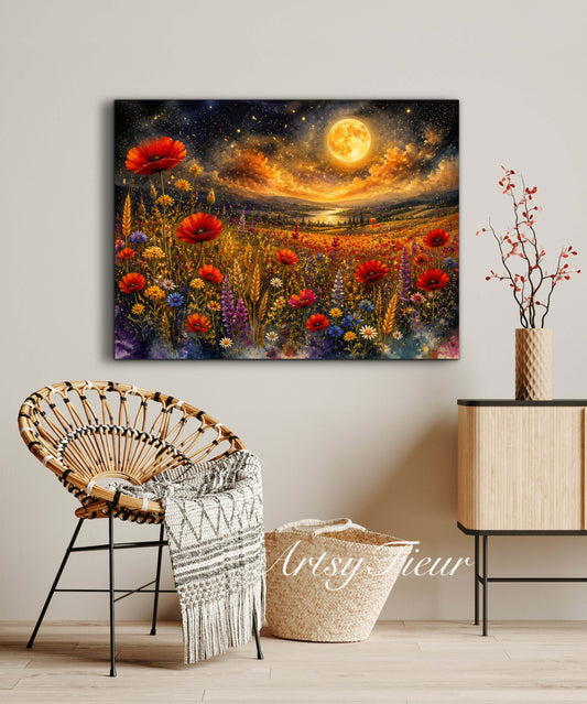 Framed Canvas Print- Vibrant Wildflowers and Poppies Oil Painting Textured Wall Art , Beautiful Original Artwork Ready to Hang Living Room, Floral