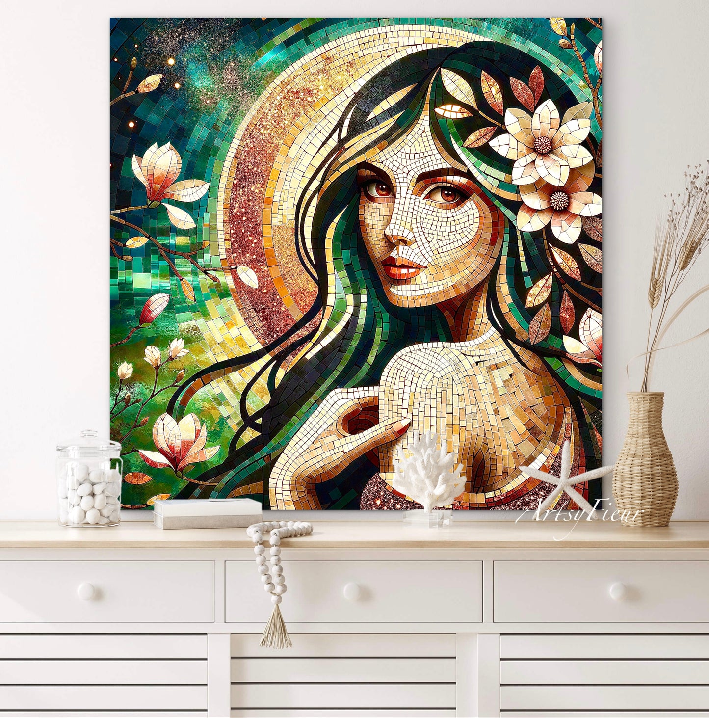 Framed canvas- Original Artwork Vibrant Magnolia Flowers Mosaic Portrait Beautiful Brunette Woman Wall Art Print