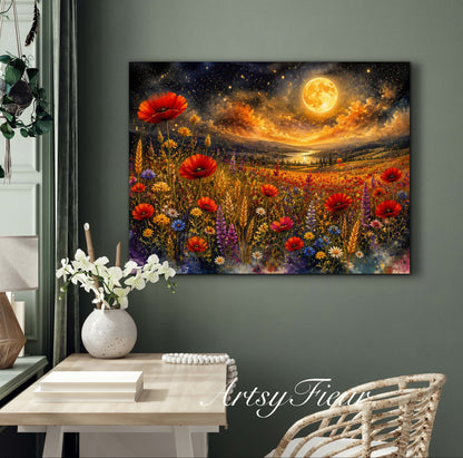 Framed Canvas Print- Vibrant Wildflowers and Poppies Oil Painting Textured Wall Art , Beautiful Original Artwork Ready to Hang Living Room, Floral