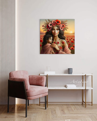 Framed Canvas- Vibrant Poppies Mother and Daughter Portrait Whimsical Full Moon Sunset Fantasy Oil Painting Wall Art Print