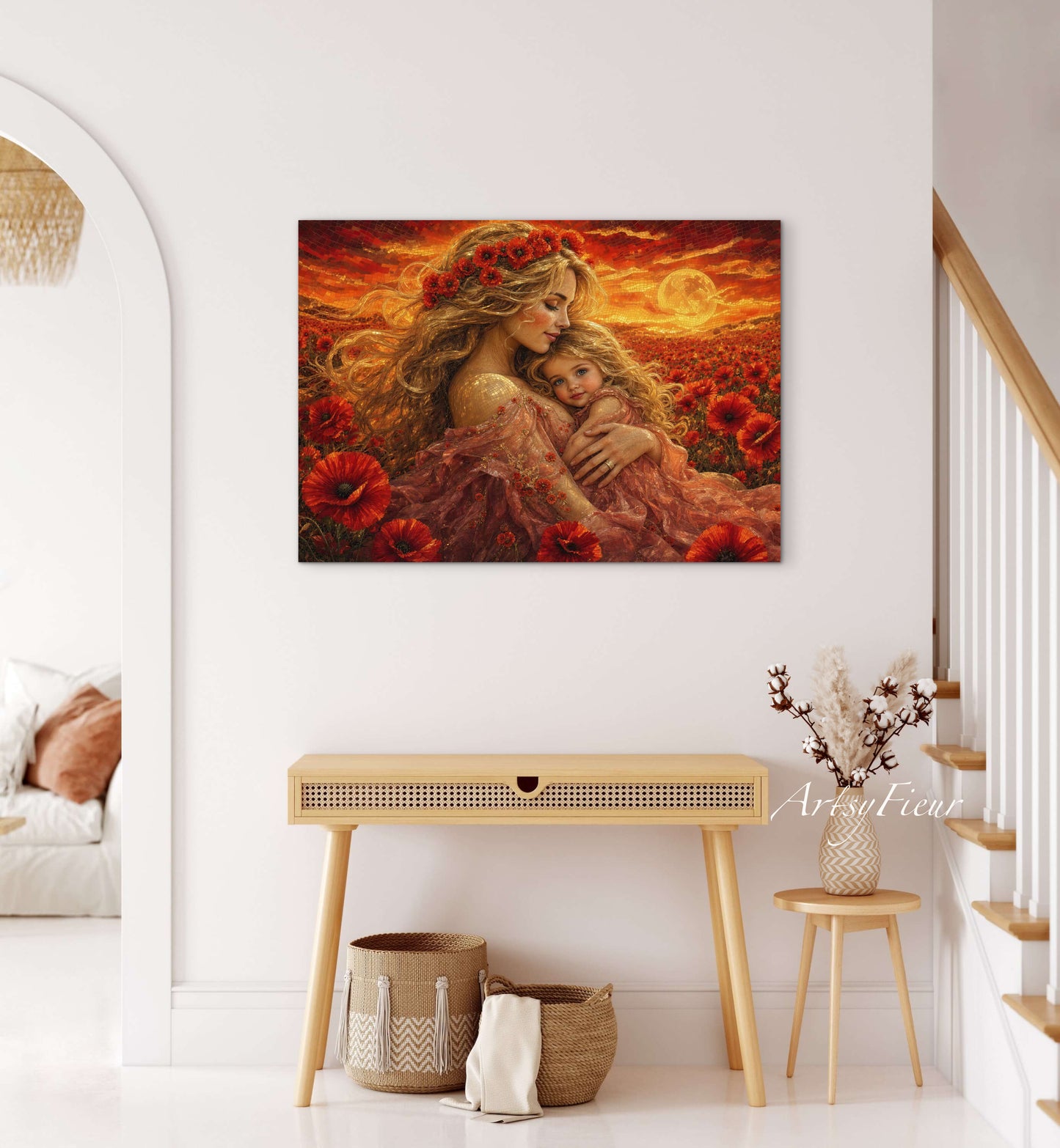 Framed Canvas- Vibrant Poppies Field Mother and Daughter Portrait Whimsical Full Moon Sunset Fantasy Oil Painting Wall Art Print