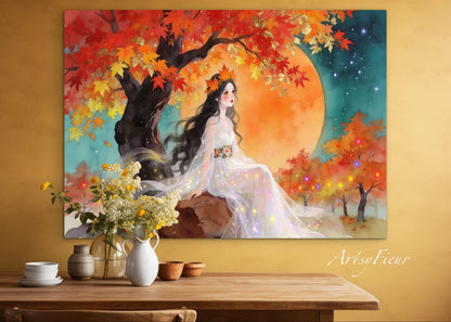 Framed Canvas- Vibrant Colours Beautiful Brunette Asian Woman Under the Maple Tree Abstract Portrait Original Artwork Fantasy Autumn Wall Art Print