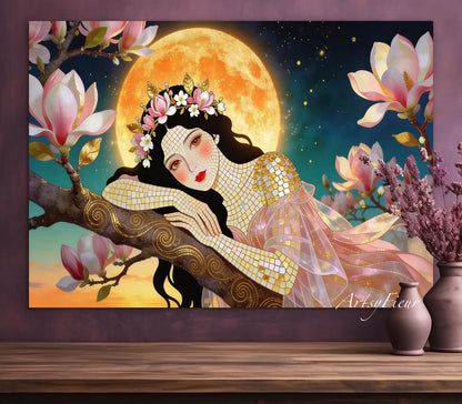 Framed Canvas- Vibrant Magnolia Flowers Beautiful Brunette Woman’s Abstract Portrait Mosaic Original Artwork Fantasy Wall Art Print