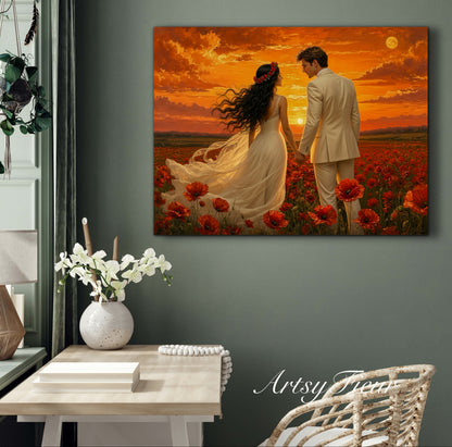 Framed canvas- whimsical full moon sunset bride and groom, wedding, poppy field, vibrant colours living room original artwork, fantasy oil painting wall art print